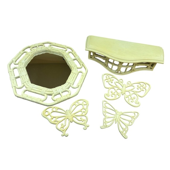 1986 Vintage Faux Bamboo Mirror Butterfly Shelf Set Homco Cottagecore Retro Boho - Picture 2 of 14